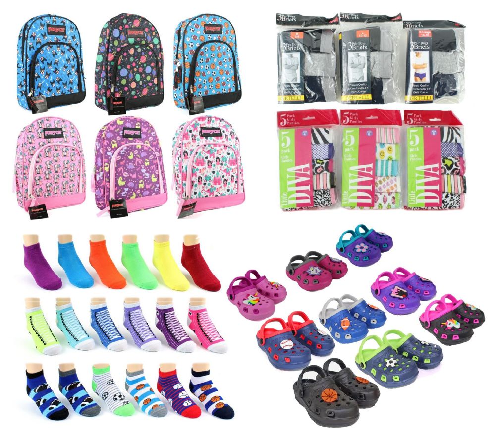 288 Wholesale Toddler BacK-TO-School Bundle - 288 Items - 14" Graphic Backpacks, Clogs, Underwear, & Graphic Socks!