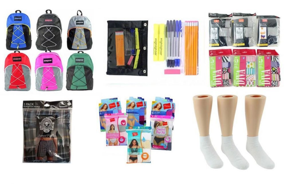 288 Wholesale High School BacK-TO-School Bundle - 288 Items - 17" Bungee Backpacks, Supply Kits, Underwear, & Athletic Ankle Socks!