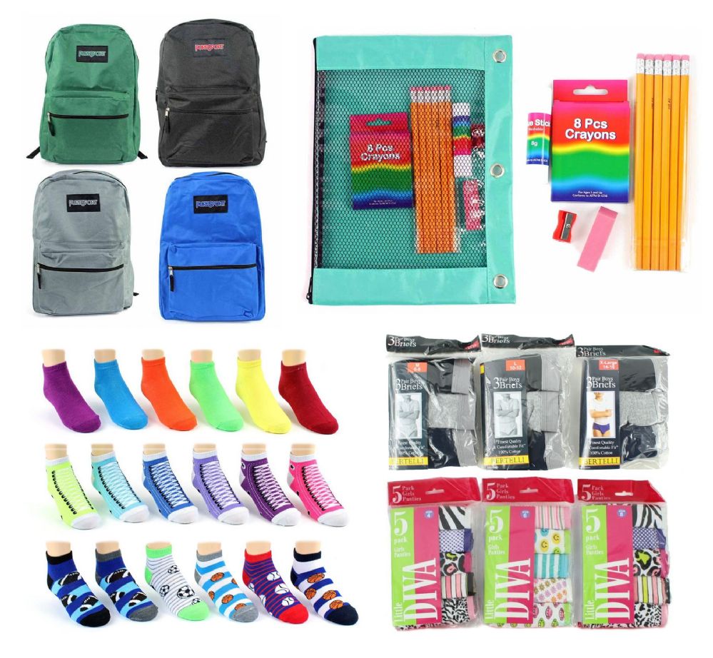 288 Wholesale Elementary School BacK-TO-School Bundle - 288 Items - 15" Classic Backpacks, Supply Kits, Underwear, & Graphic Socks!