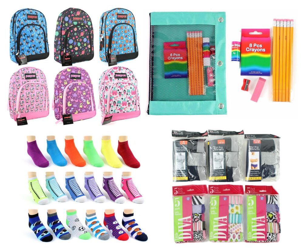 288 Wholesale Elementary School BacK-TO-School Bundle - 288 Items - 14" Graphic Backpacks, Supply Kits, Underwear, & Graphic Socks!