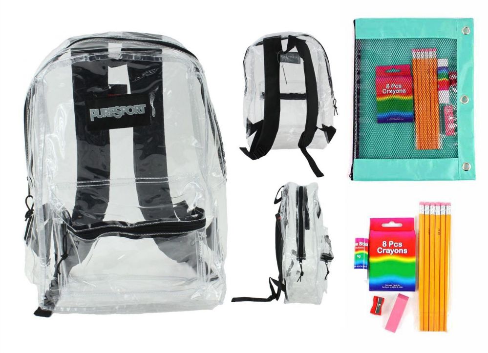 12 Wholesale 17" Classic Clear Backpack & Elementary School Supply Kit Sets
