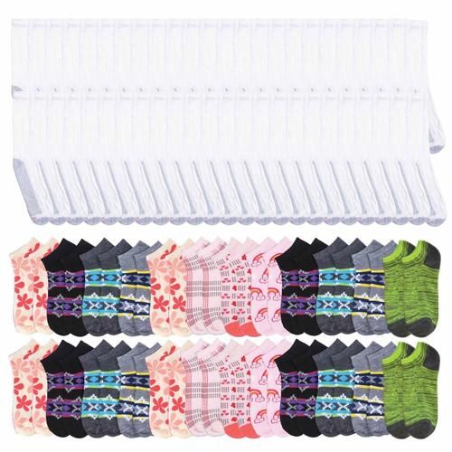 48 Pairs 48 Pairs Total - Mens White Crew Socks Size 10-13 And Womens Low Cut Size 9-11 In Assorted Prints - Socks & Hosiery