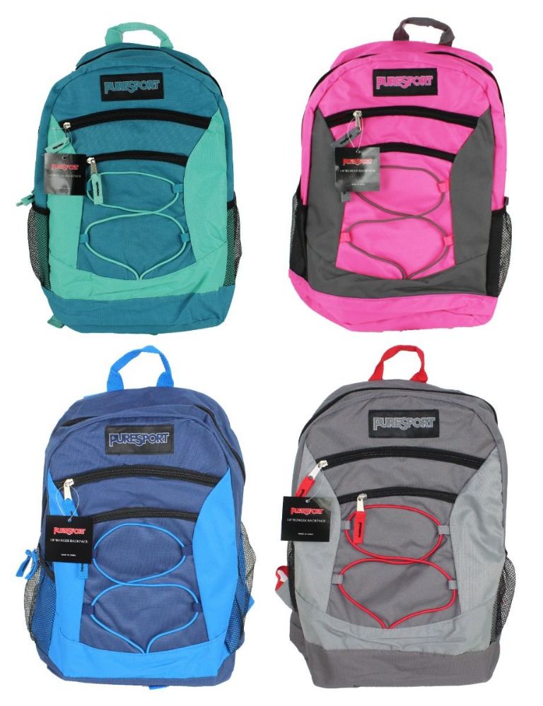 12 Wholesale 18" Premium Bungee Backpacks W/ 3 Pockets & Mesh Side Pockets
