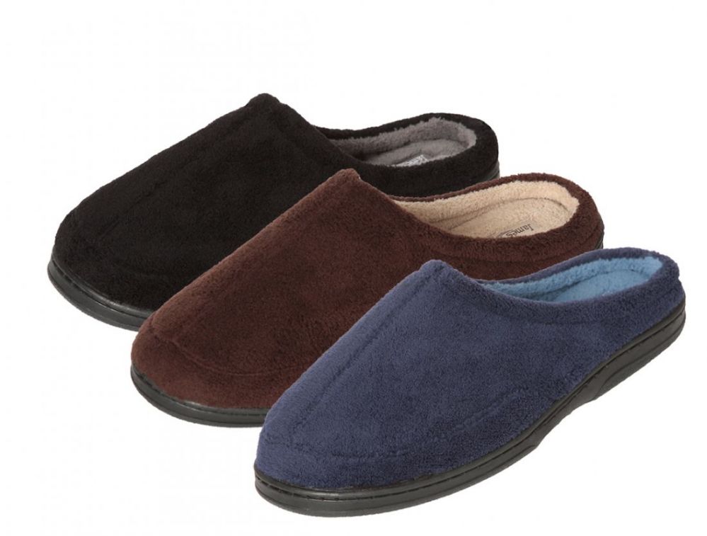24 Wholesale Men's Plush Slide Slippers - Solid Colors