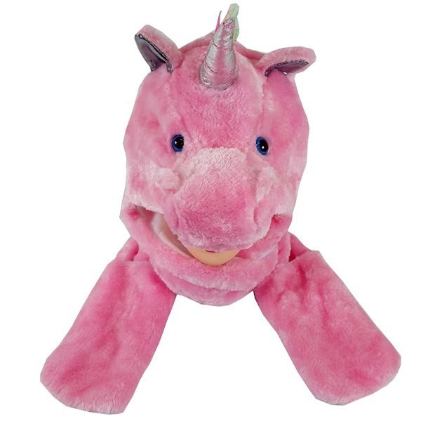 10 Pieces of Soft Plush Pink Unicorn Animal Character BuilT-In Paws Mitten Hat