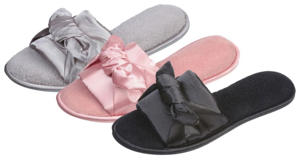 36 Wholesale Women's Plush Slide Slippers W/ Satin Knotted Bow