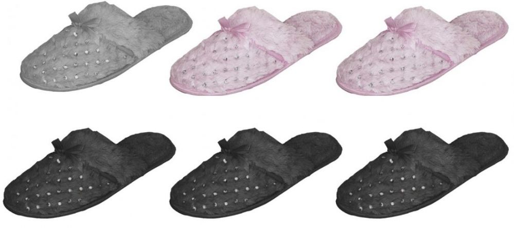 36 Wholesale Women's Faux Fur Mule Slippers W/ Satin Bow & Embroidered Sequins