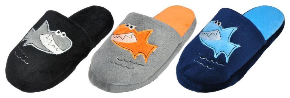 48 Pieces of Boy's Terry Cloth Mule Slippers W/ Shark Adornment & Soft Footbed
