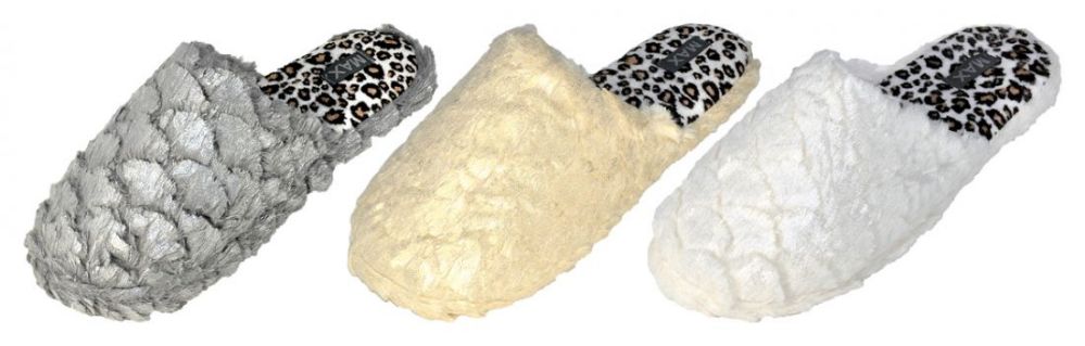 27 Wholesale Women's Faux Fur Mule Slippers W/ Leopard Print Footbed - Assorted Colors