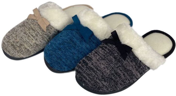 36 Wholesale Women's Jersey Knit Mule Slippers W/ Faux Fur Trim & Satin Bow