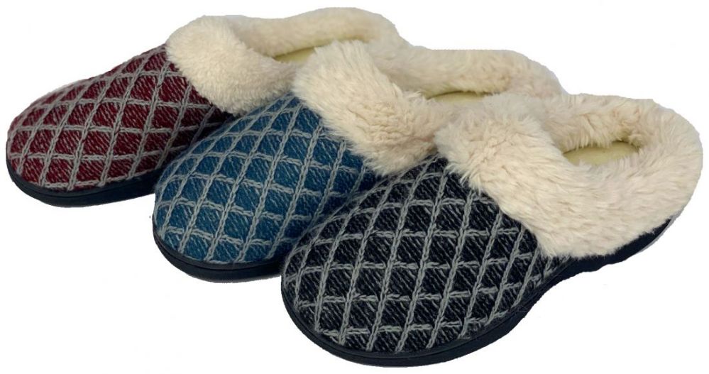 30 Wholesale Women's Quilted Knit Clog Slippers W/ Faux Fur Trim