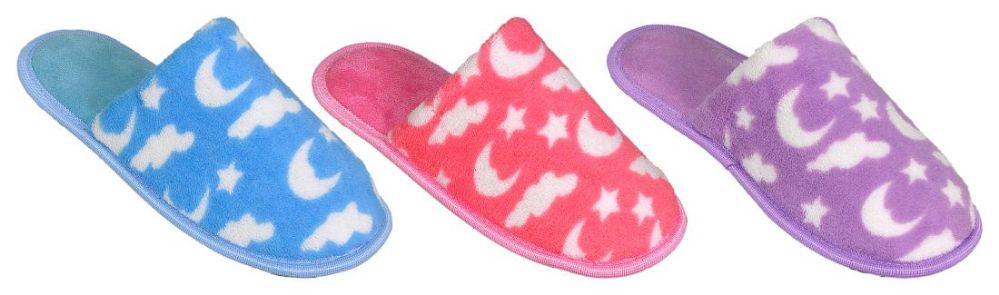 36 Wholesale Girl's Terry Cloth Mule Slippers W/ Night Sky Patterns