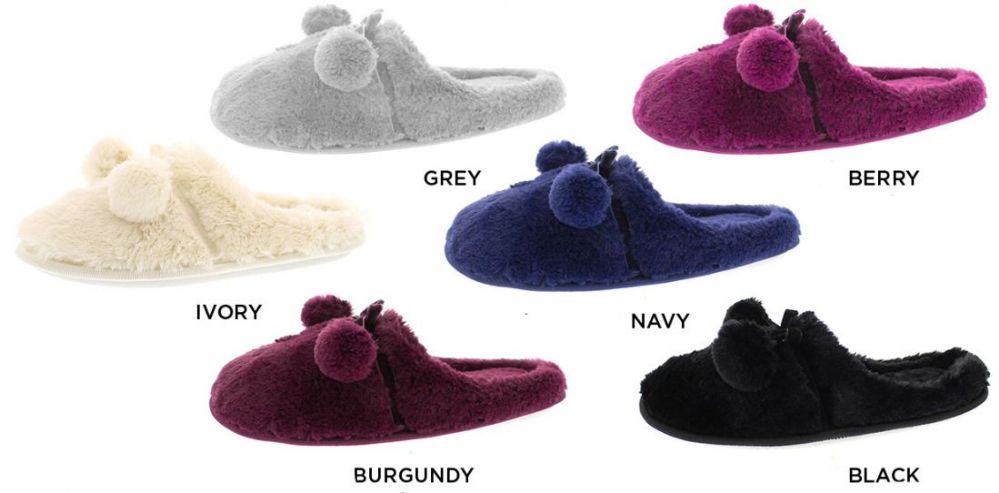 8 Wholesale Women's Faux Fur Pom Pom Slippers W/ Memory Foam Footbed