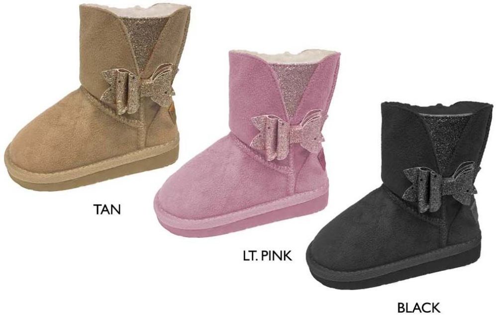 12 Wholesale Toddler Girl's Winter Boots W/ Shimmery Glitter Bow & Side Gusset