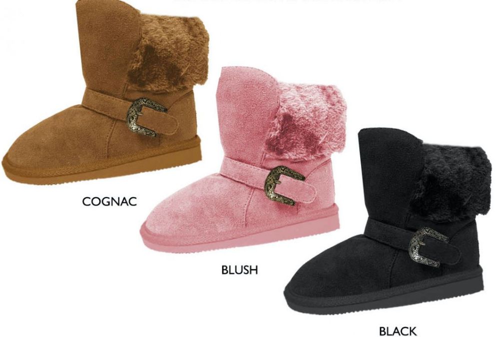 12 Wholesale Girl's Microsuede Winter Boots W/ Faux Fur Cuff & Buckled Strap