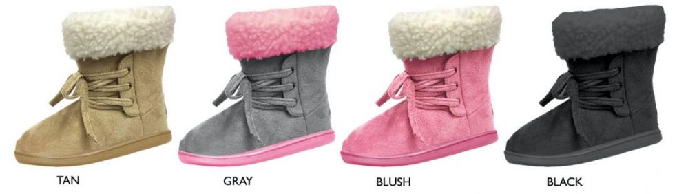 12 Wholesale Girl's Microsuede Winter Boots W/ Laces & Sherpa Cuffs
