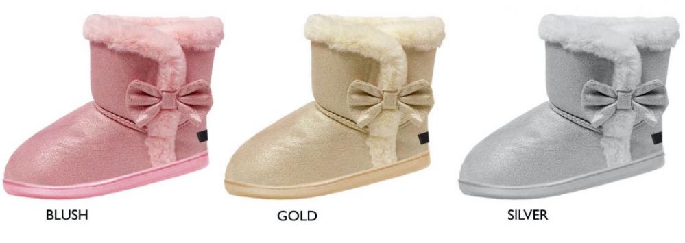 12 Wholesale Girl's Shimmer Microsuede Winter Boots W/ Bow & Faux Fur Trim