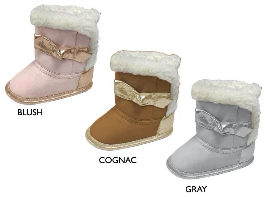 18 Wholesale Infant Girl's Microsuede Boots W/ Shimmer Bow & Faux Fur Trim, & Velcro Closure