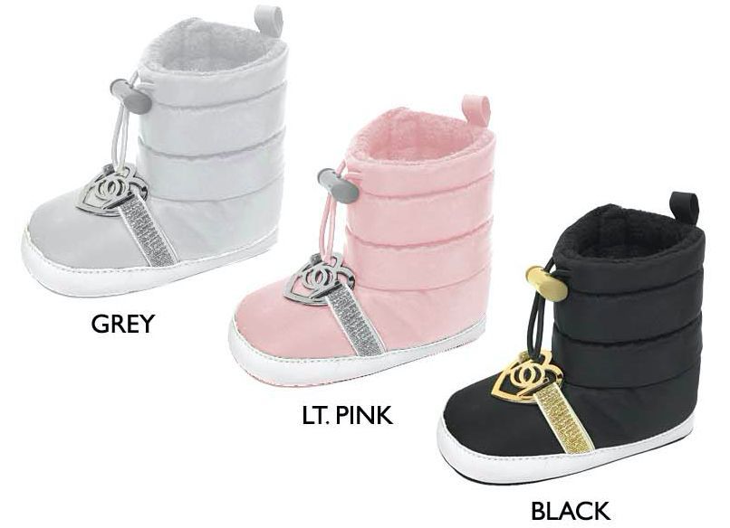 18 Wholesale Infant Girl's Quilted Nylon Boots W/ Metallic Heart, Strap, & Drawstring Closure