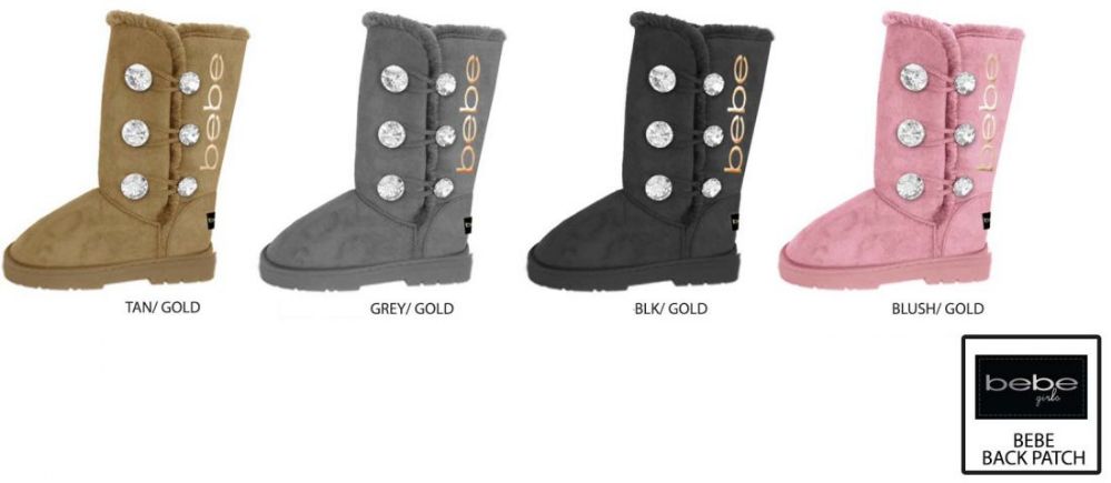 12 Wholesale Girl's Winter Boots W/ Rhinestone Buttons & Bebe Lurex Embroidery