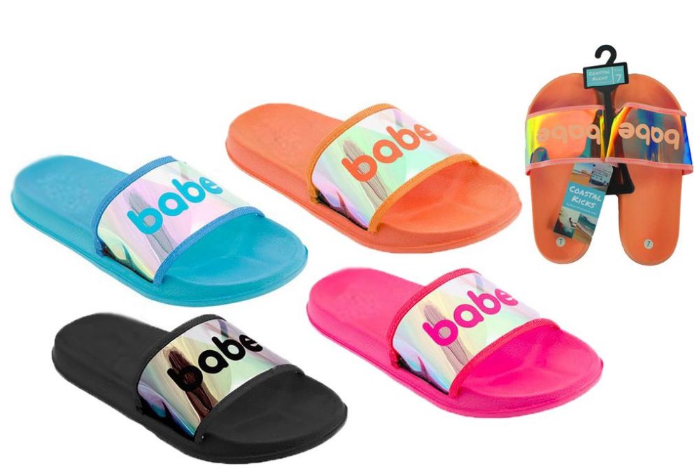 36 Wholesale Women's Slide Sandals W/ Holographic Babe Print