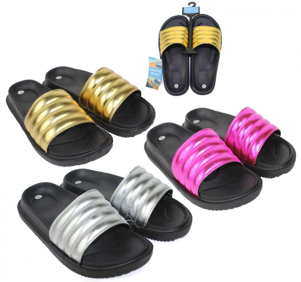 36 Wholesale Women's Black Moto Slide Sandals W/ Metallic Straps