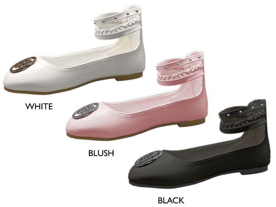 12 Wholesale Girl's Patent Leather Flats W/ Braided Detail Ankle Strap & Bebe Medallion
