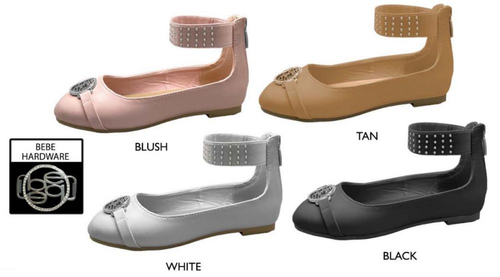 12 Pieces of Girl's Patent Leather Flats W/ Elastic Ankle Strap & Rhinestone Bebe Medallion Details