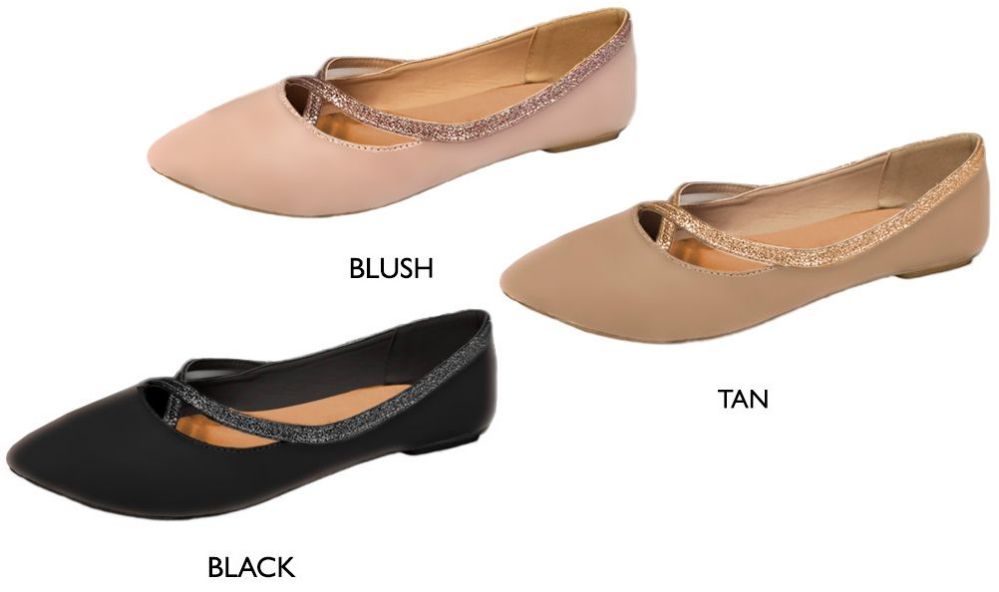 12 Wholesale Women's Microsuede Flats W/ Elastic Glitter Straps & Cushioned Insole