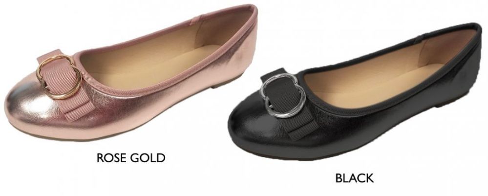 12 Wholesale Women's Metallic Flats W/ Buckled Bow & Cushioned Insole