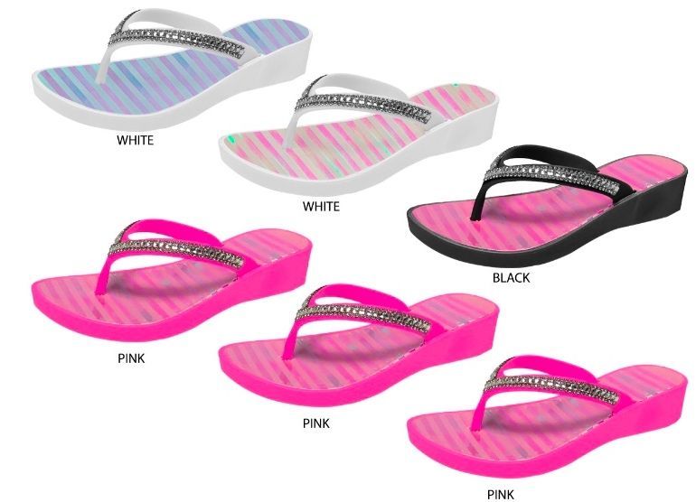 Wholesale Footwear Girl's Pcu Wedge Sandals W/ Rhinestone Straps & Holographic Striped Footbed