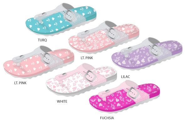 Wholesale Footwear Girl's Gizeh Buckle Sandals W/ Printed Footbed, Glitter Strap, & Scalloped Sole