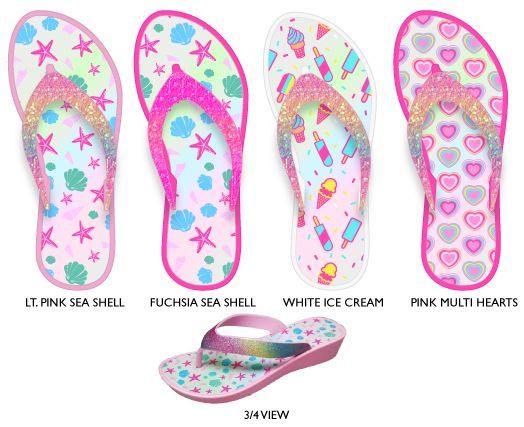 12 Wholesale Girl's MinI-Wedge Thong Flip Flop Sandals W/ Printed Footbed & Glitter Strap