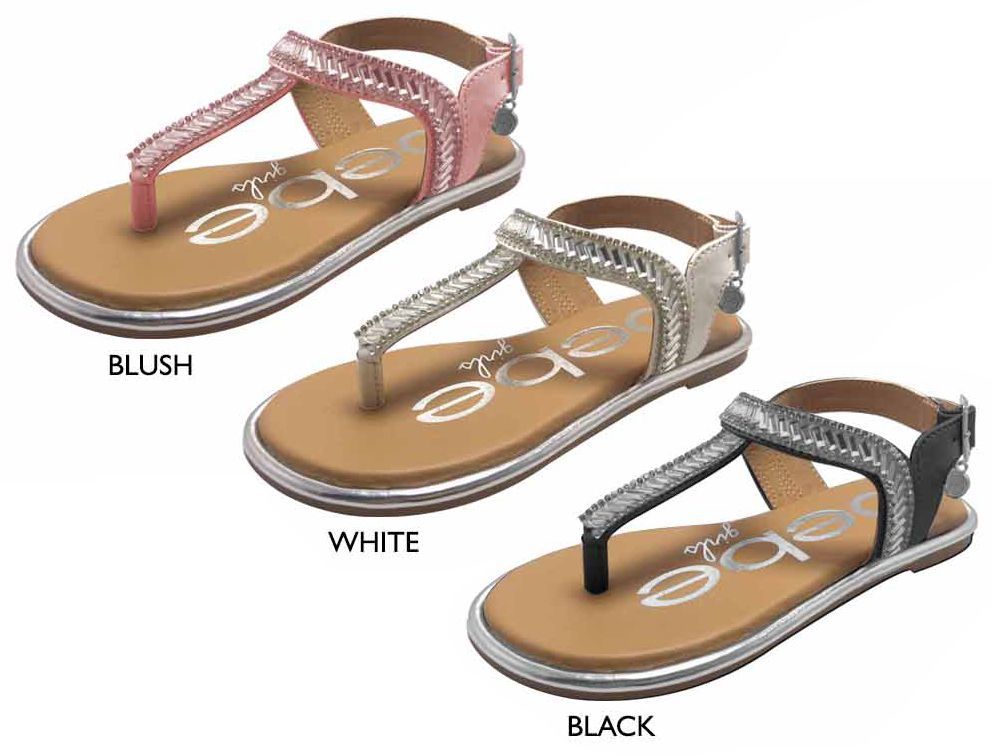Wholesale Footwear Girl's T-Strap Sandals W/ Faceted Details, Bebe Charm, & Metallic Trim