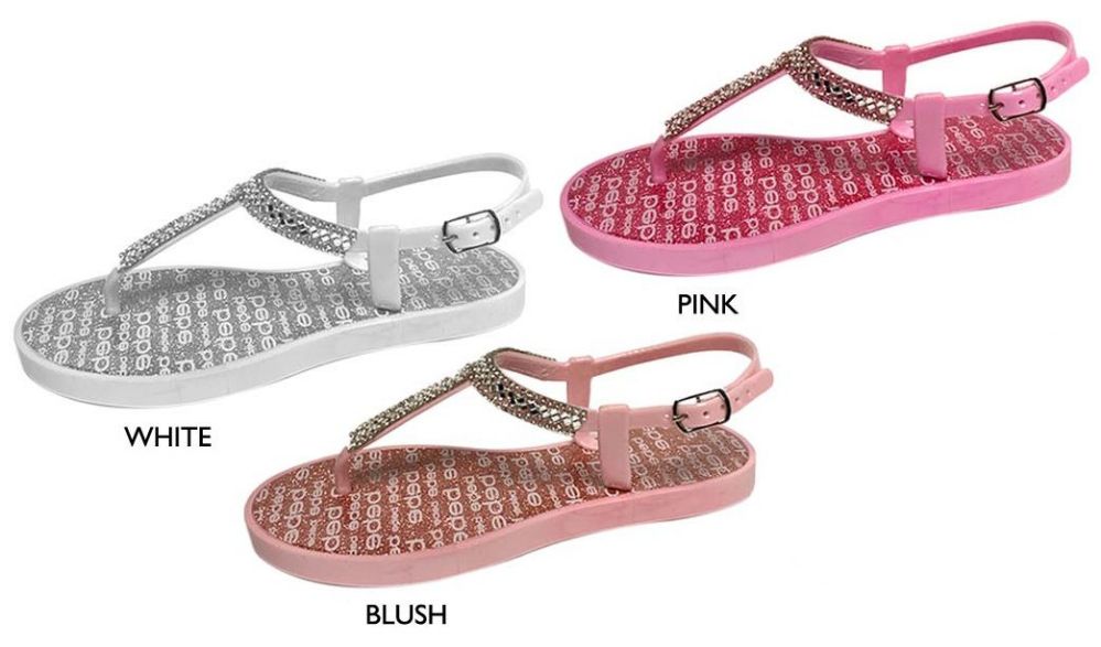 Wholesale Footwear Girl's Glitter T-Strap Sandals W/ Rhinestone Studded Strap & Bebe Printed Footbed
