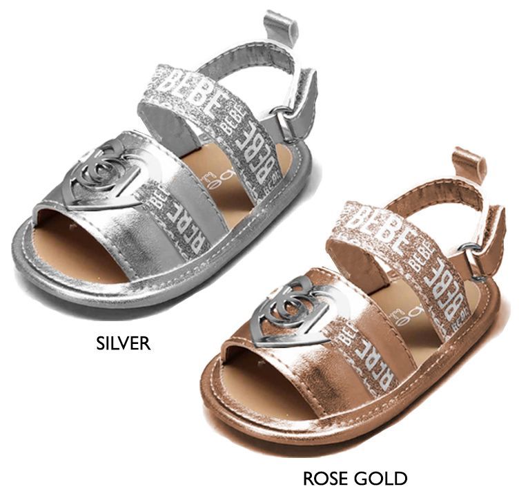 Wholesale Footwear Infant Girl's Metallic Glitter Sandals W/ Bebe Print Straps & Heart Detail