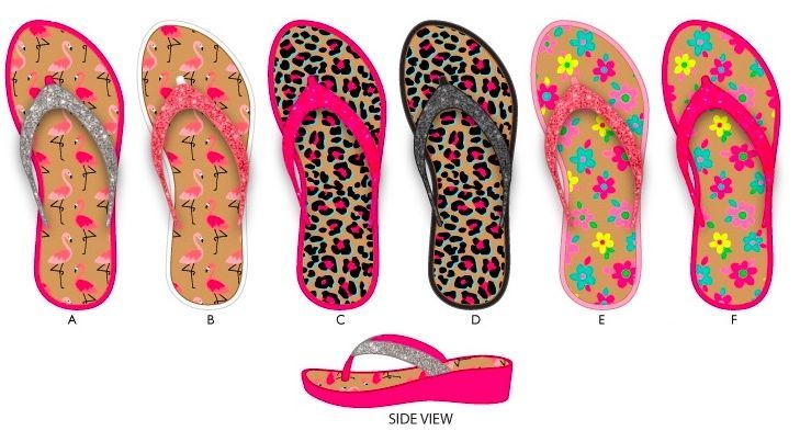 Wholesale Footwear Girl's Pcu Wedge Flip Flops W/ Glitter Straps & Printed Footbed