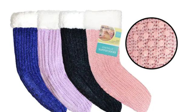 12 Pieces of Sherpa Lined Knit Slipper Sock