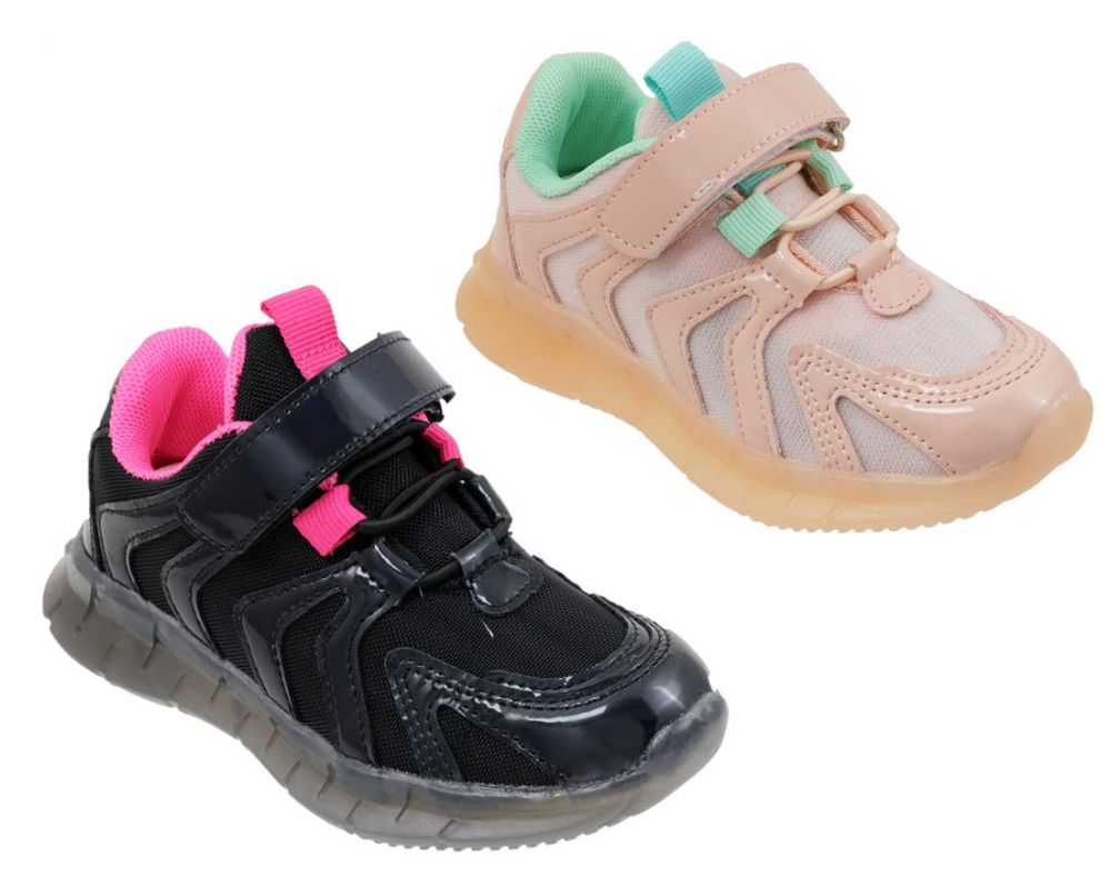 12 Pairs of Girl's Two Tone Breathable Sneakers W/ Adjustable Strap & Elastic Laces
