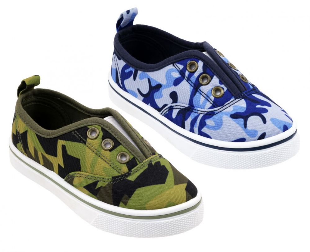 12 Pairs of Boy's Canvas No Lace SliP-On Sneakers W/ Camo Print