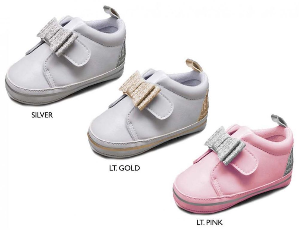 18 Pairs of Infant Girl's Glitter Bow Sneakers W/ Bebe Print Heel & Metallic Stripe Sidewall