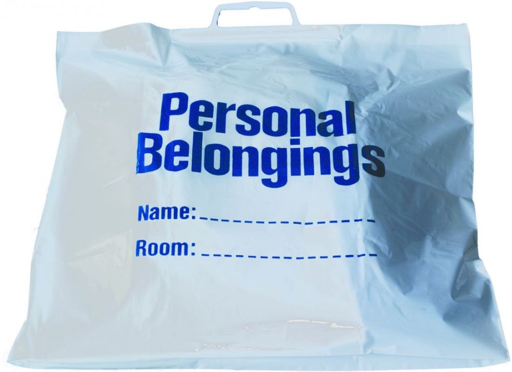 250 Wholesale Belongings Bags W/ Handle (white W/ Blue Imprint) 18 1/2" X 20"
