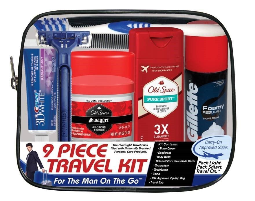 4 Sets of Men's Travel Hygiene Convenience Kits - 9pc. In Zippered Pouch