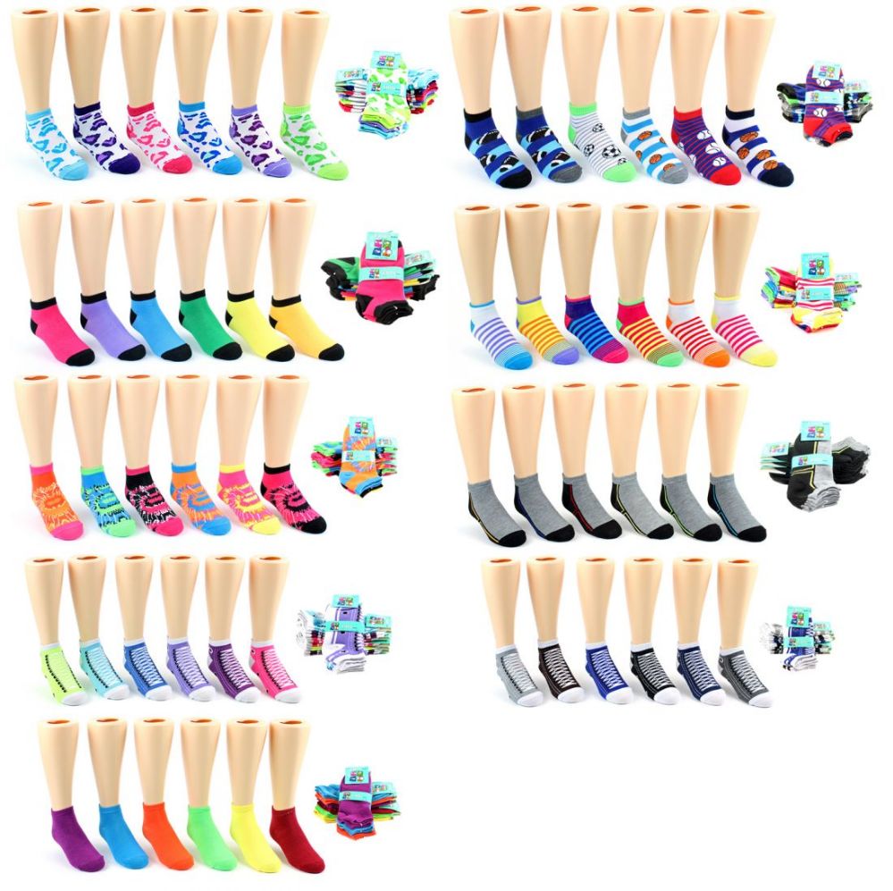 120 Wholesale Boy's & Girl's Low Cut Novelty Socks - Assorted Prints - Size 4-6
