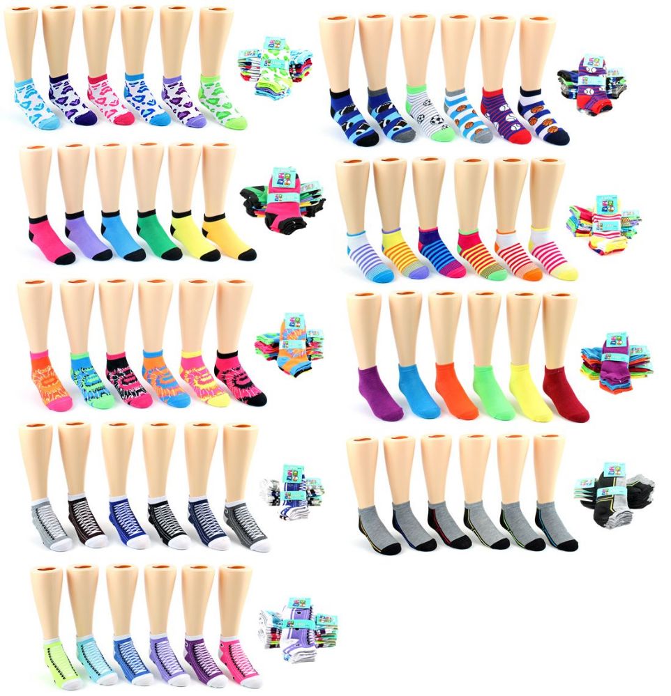 120 Wholesale Boy's & Girl's Low Cut Novelty Socks - Assorted Prints