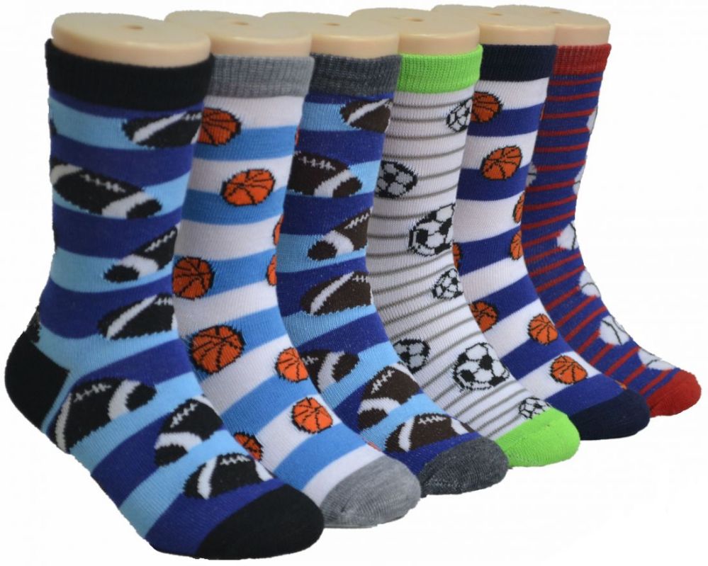 480 Wholesale Boy's & Girl's Novelty Crew Socks - Sports Print - Size 4-6