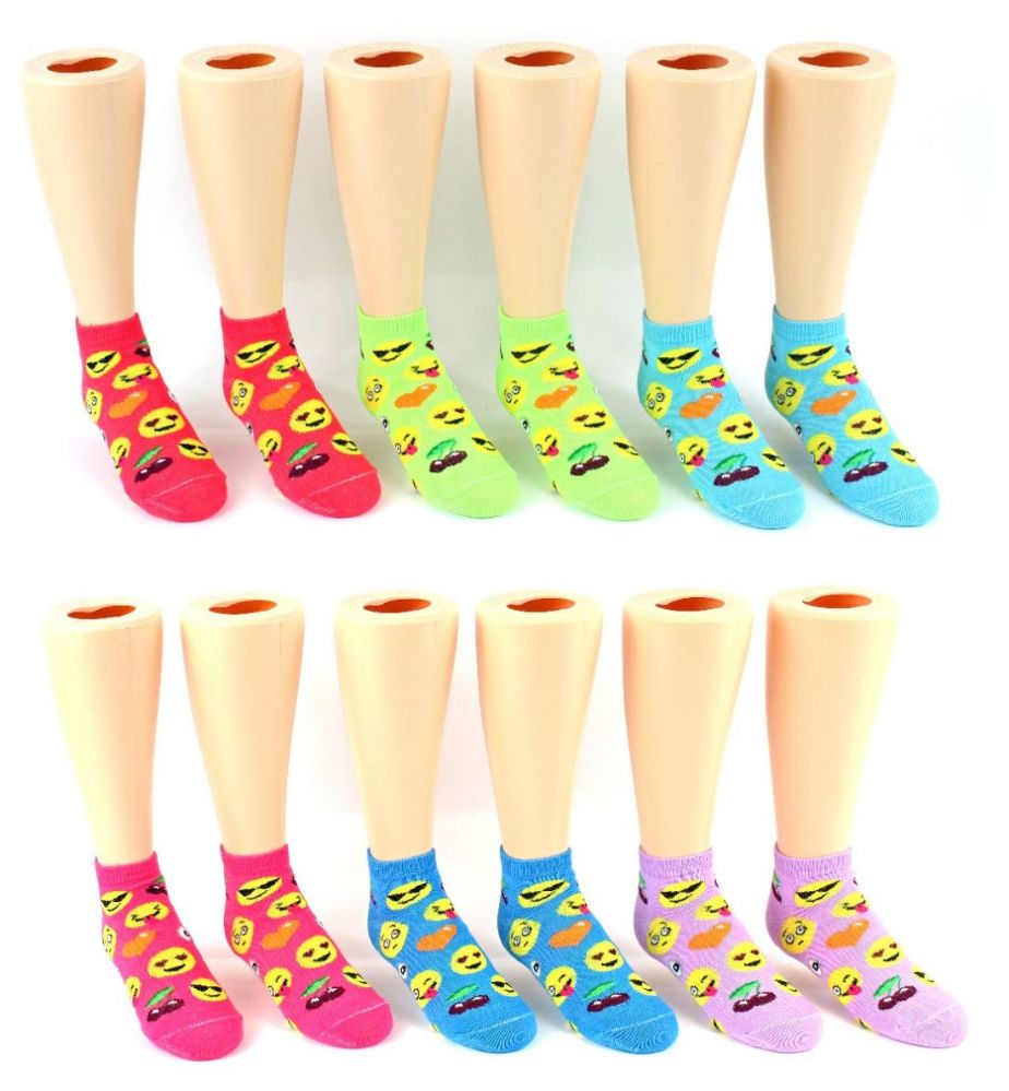 24 Wholesale Boy's & Girl's Low Cut Novelty Socks - Emoji Prints - Size 4-6