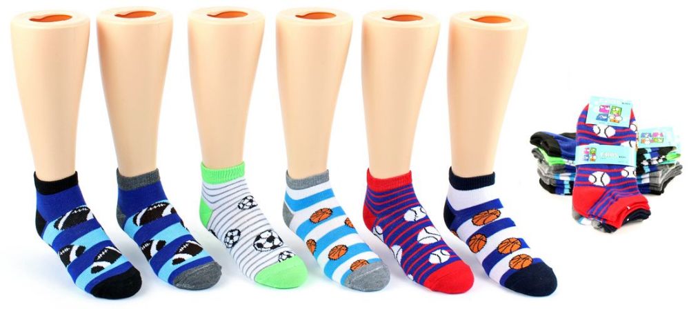 24 Wholesale Boy's & Girl's Low Cut Novelty Socks - Sport Print - Size 6-8