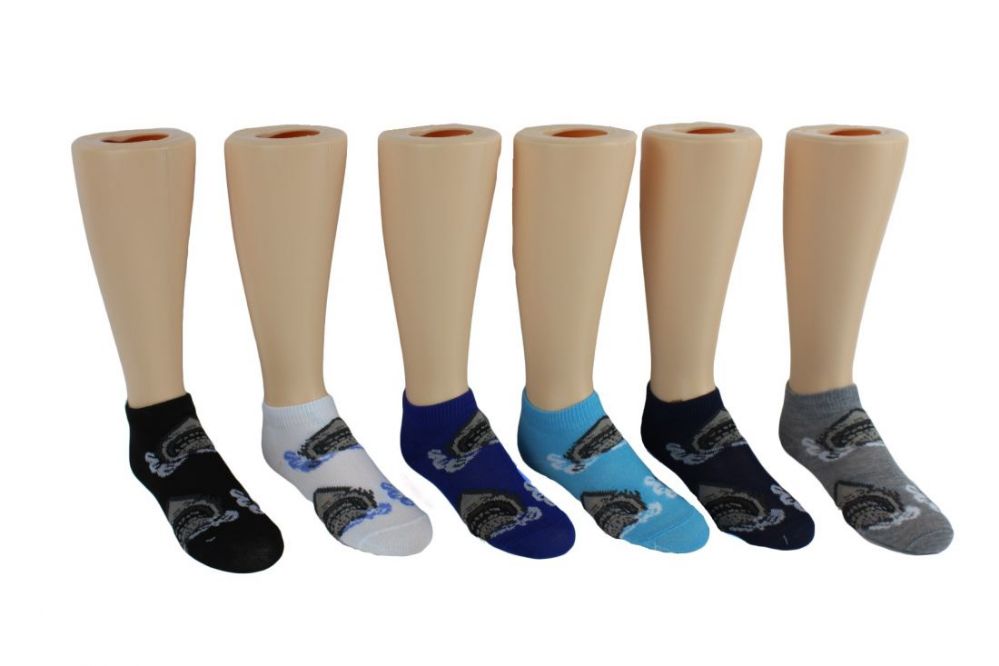 24 Wholesale Boy's & Girl's Novelty Low Cut Socks - Shark Print - Size 6-8