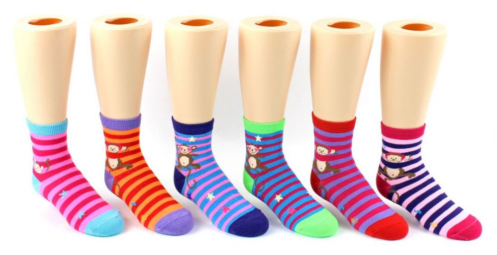 24 Wholesale Boy's & Girl's Low Cut Novelty Socks - Monkey Prints - Size 6-8
